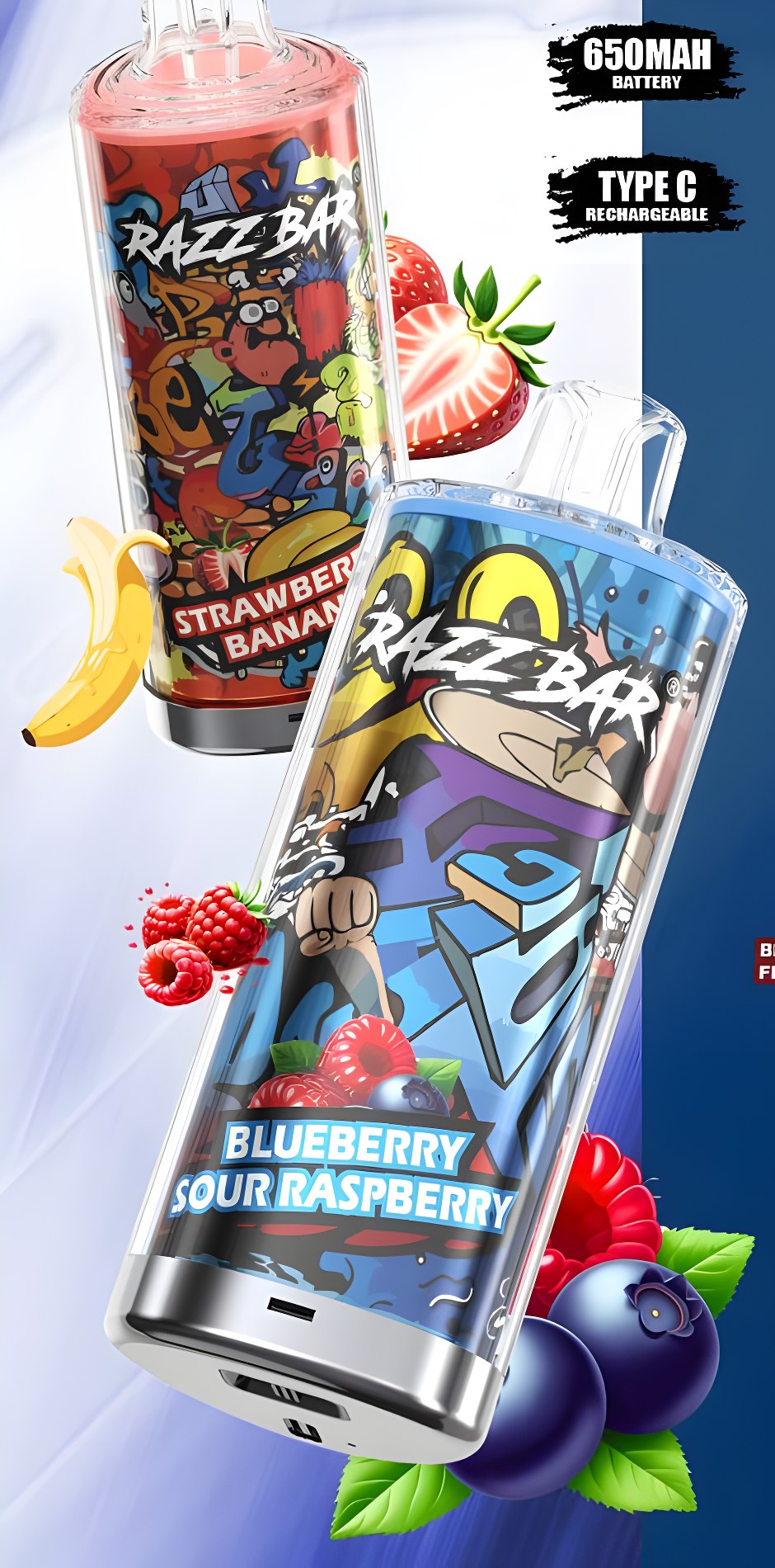 RazzBar 60K Strawberry Banana y Blueberry Sour Raspberry